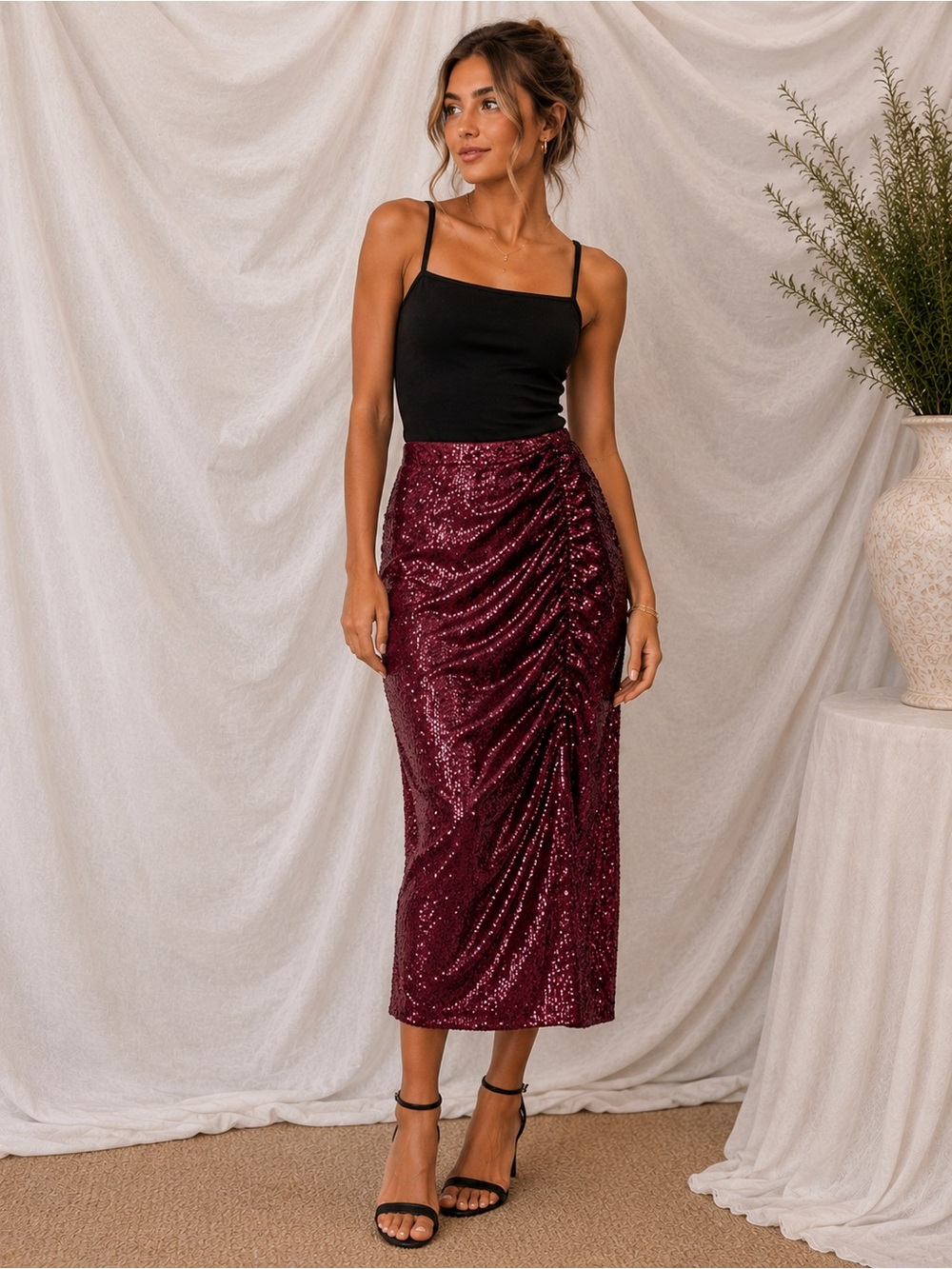 Wildfox Burgundy Sequin Pencil Skirt